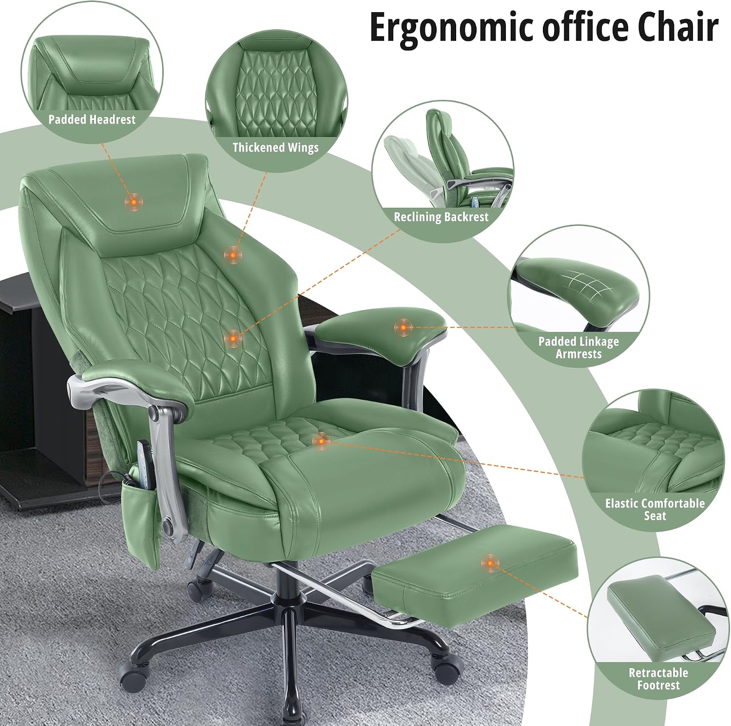 Massage Office Chair with Heat & Footrest, Ergonomic Reclining Executive Desk Chairs with 6-Point Vibration, PU Leather Computer Chair for Home Office or Gaming