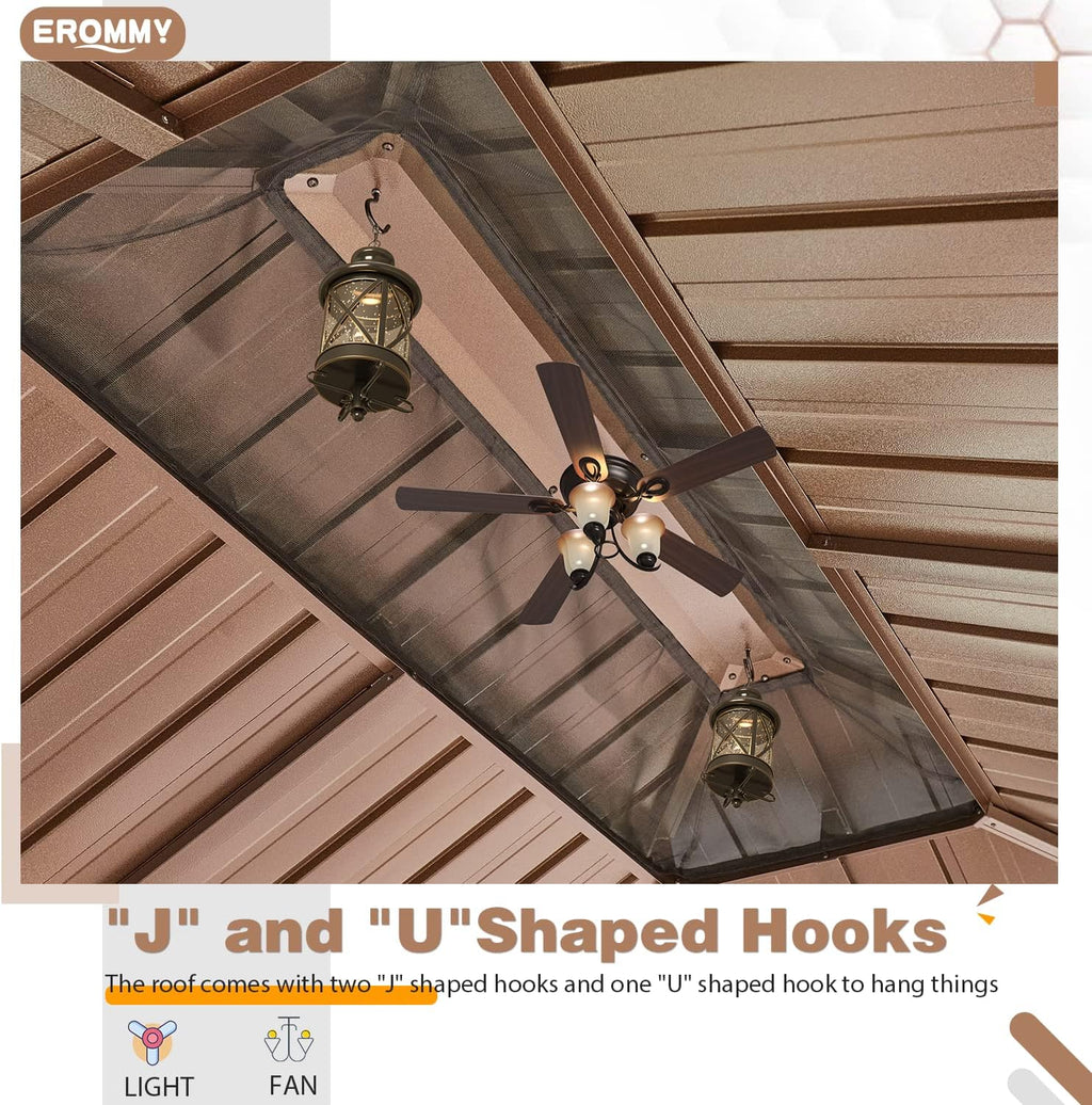 EROMMY 12'x16' Hardtop Gazebo Galvanized Steel Outdoor Aluminum Double Roof Canopy with Netting and Shaded Curtains Permanent Metal Pavilion for Patio, Backyard and Deck