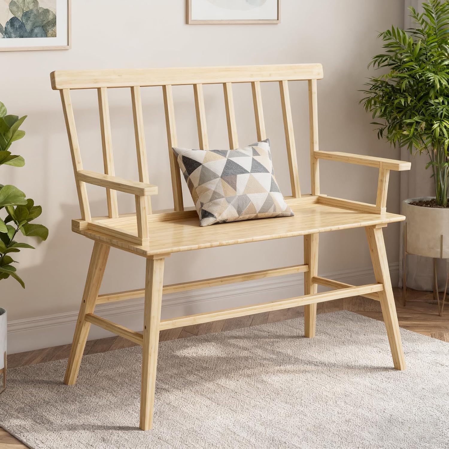 Dining Bench for Kitchen & Dining Room – Bamboo Wood Bench with Spindle Back & Armrests, Farmhouse Entryway Bench, Indoor Bedroom Bench, Versatile Entry Bench & Outdoor Bench Seating（Natural with Arm）