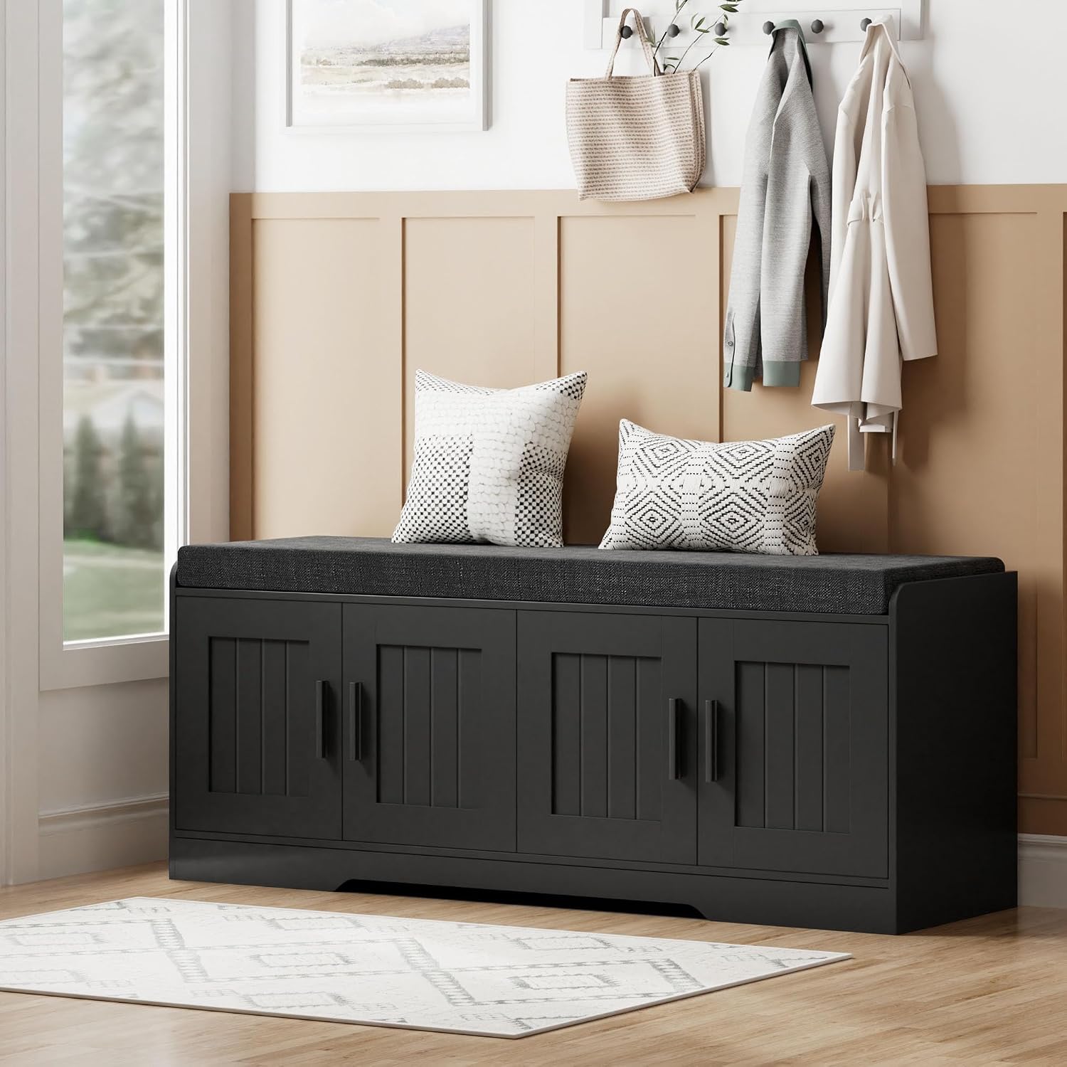 Homleke 2-Tier Storage Bench, Shoe Bench with Thickened Padded Seat Cushion, Entryway Bench with 4 Doors, Adjustable Shelf, 13.8' D x 45.3' W x 18.5' H, for Entryway, Living Room, Bedroom, Black