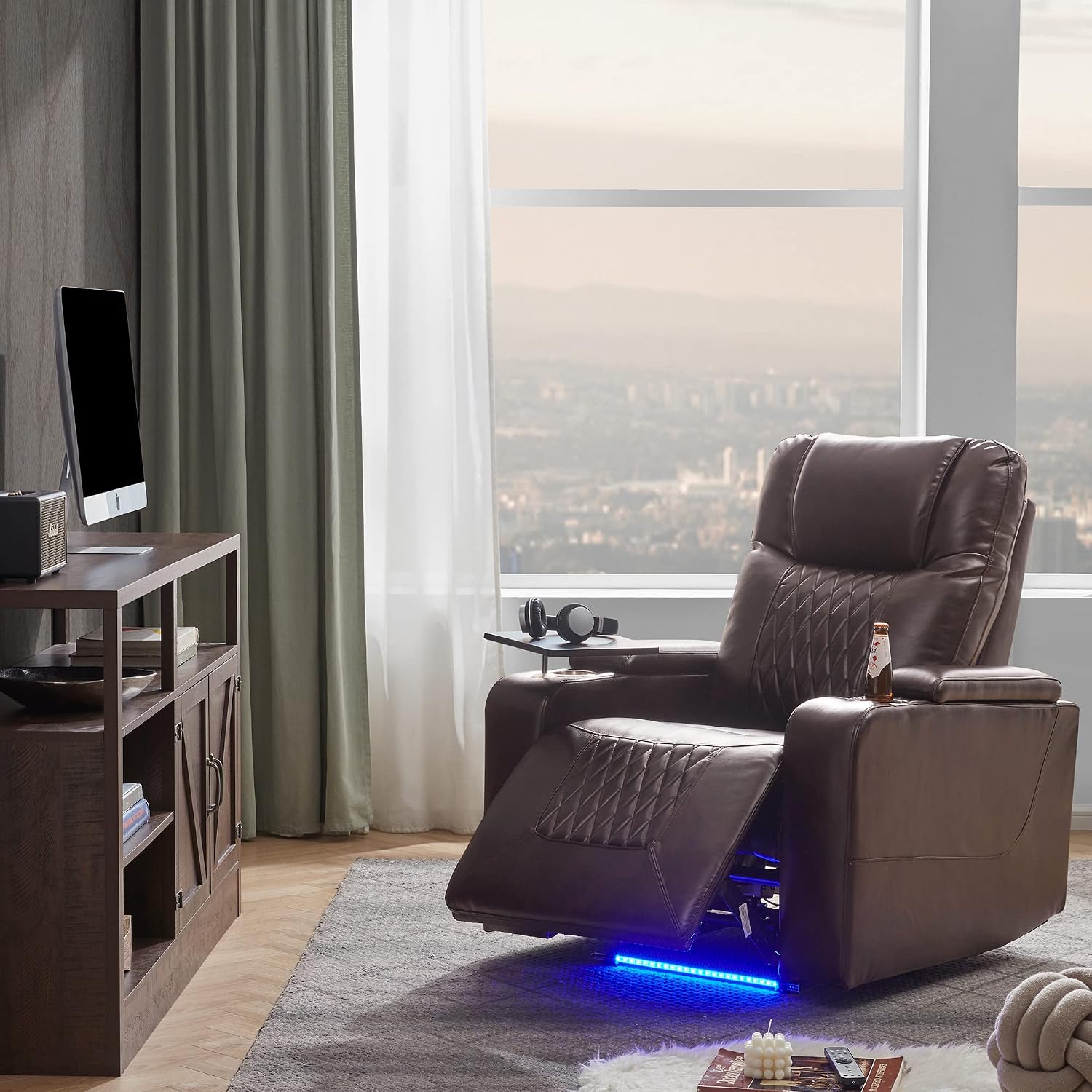 Merax Electric Recliner Chair with USB Charge Port, 360 Swivel Tray Table, Hand in-Arm Storage, and Cup Holders, Ambient Lighting - Ambient Lighting Gaming Recliner Chair Home Theater Seating (Brown)