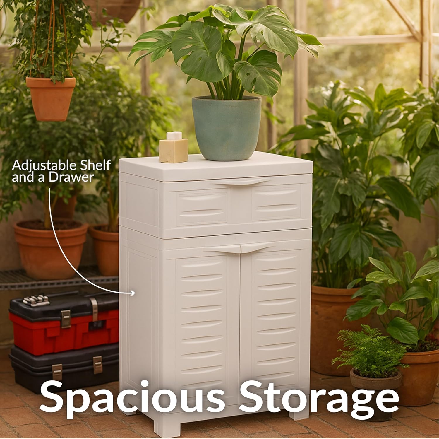 Sunnydaze 34.5' H Resin Garage Storage Cabinet - Garage Cabinet with Adjustable Shelf - Freestanding Utility Storage for Laundry Room, Office, Basement - Speckled White