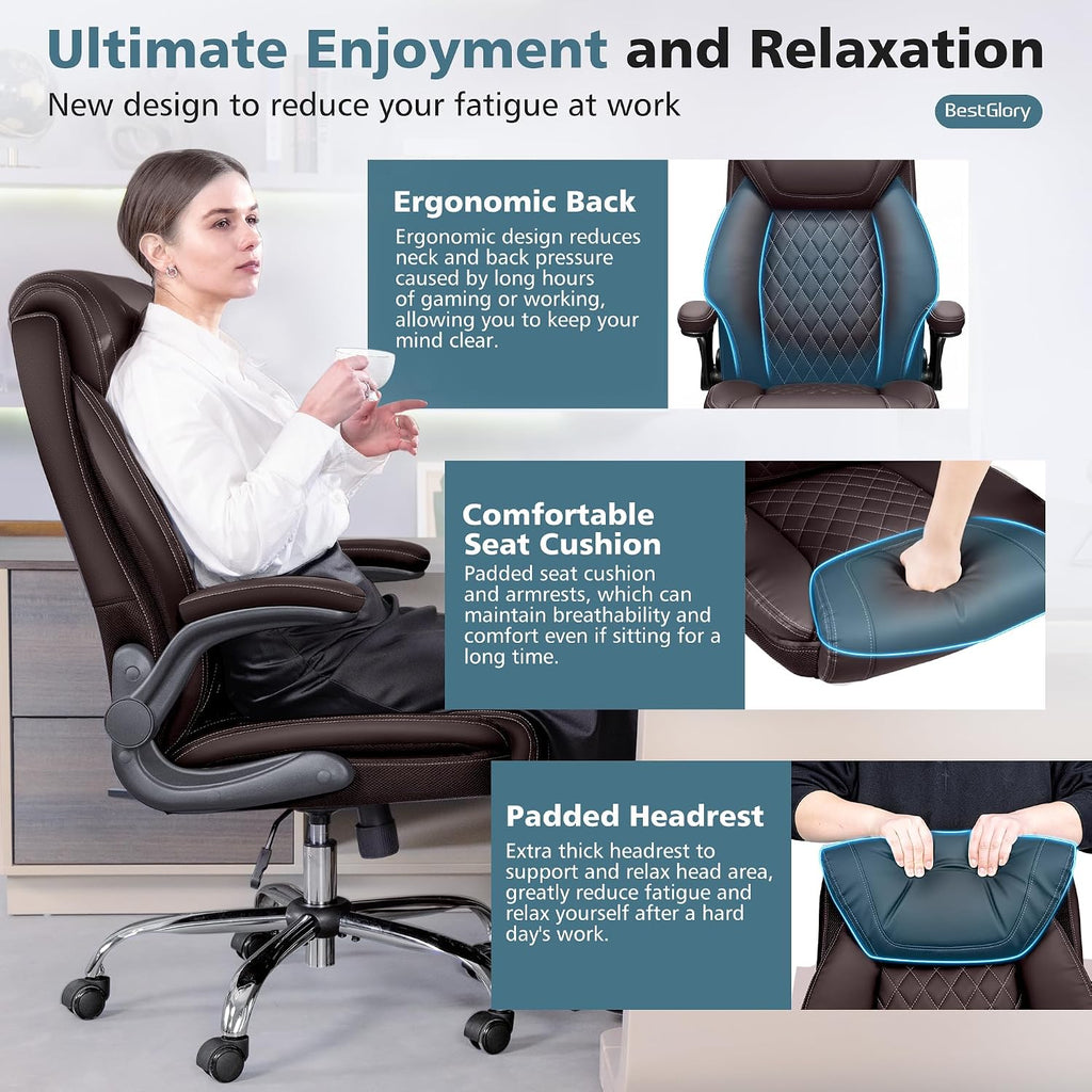 Office Chair, Ergonomic High Back Home Office Desk Chair, Big and Tall Breathable Leather Office Chair with Lumbar Support Flip-Up Armrests, Computer Chair with Rocking Function