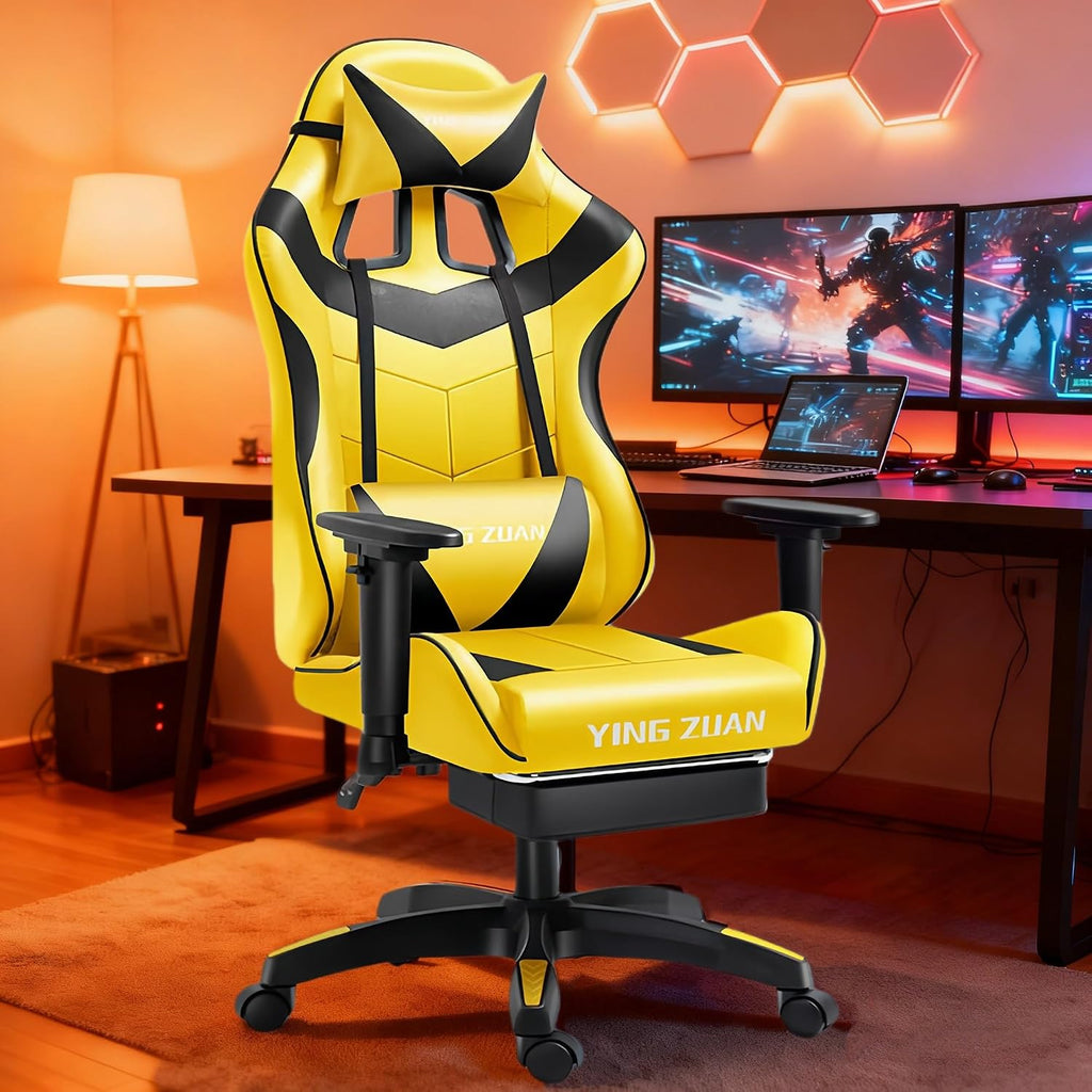 Video Gaming Chair with Speakers, PU Leather Office Chair with Massage Lumbar Pillow & Footrest, Latex Reclining Desk Chair with Adjustable Rotating Armrests for Adults(Yellow)