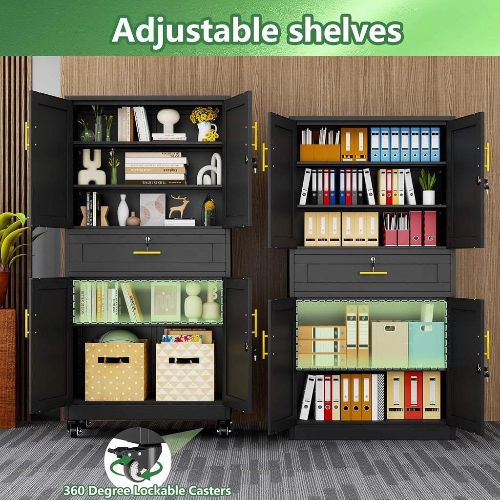 Black Metal Storage Cabinet, 71' Tall Locking Storage Cabinet with 2 Adjustable Shelves, Steel Locker Organizer, for Office, Home, School