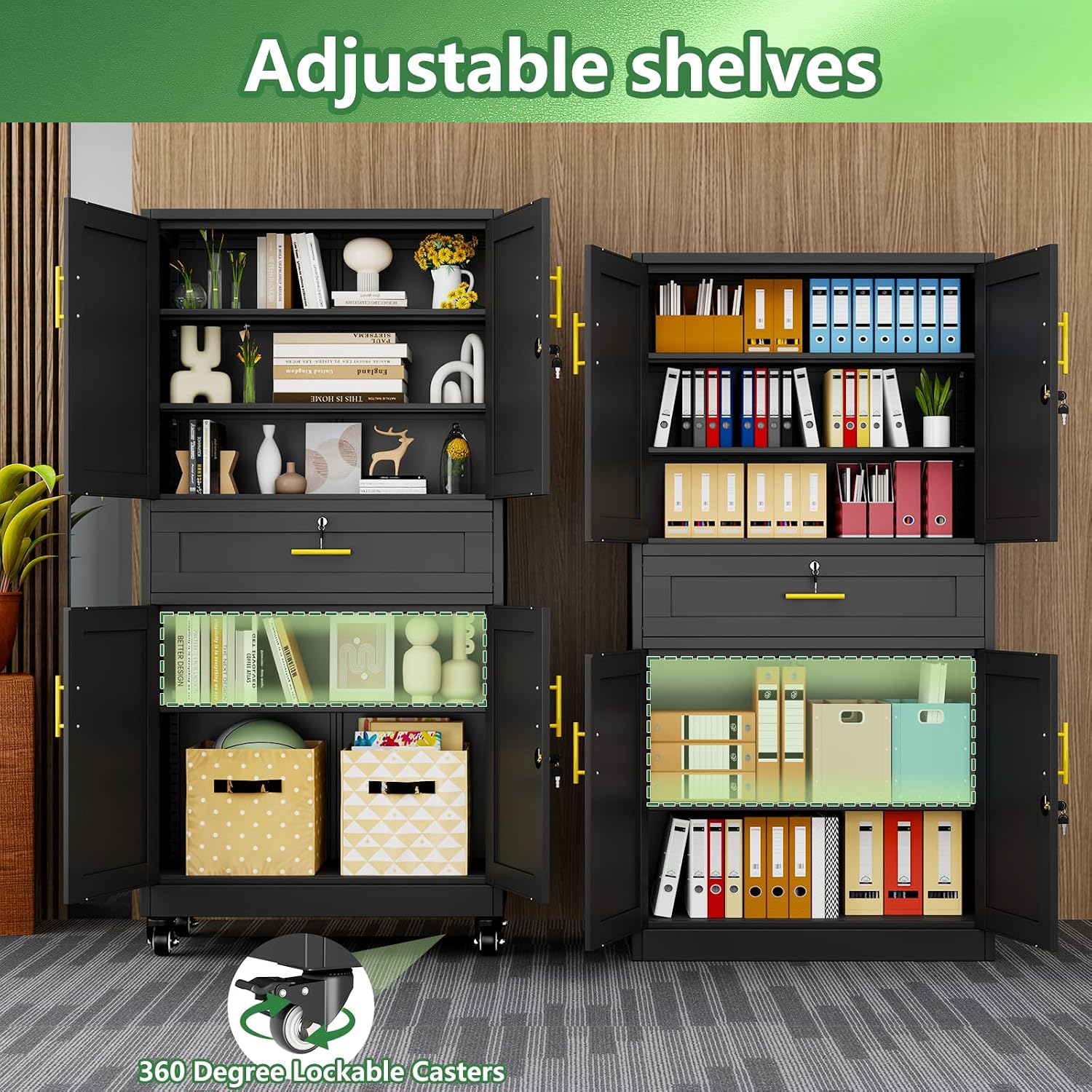 Black Metal Storage Cabinet, 71' Tall Locking Storage Cabinet with 2 Adjustable Shelves, Steel Locker Organizer, for Office, Home, School