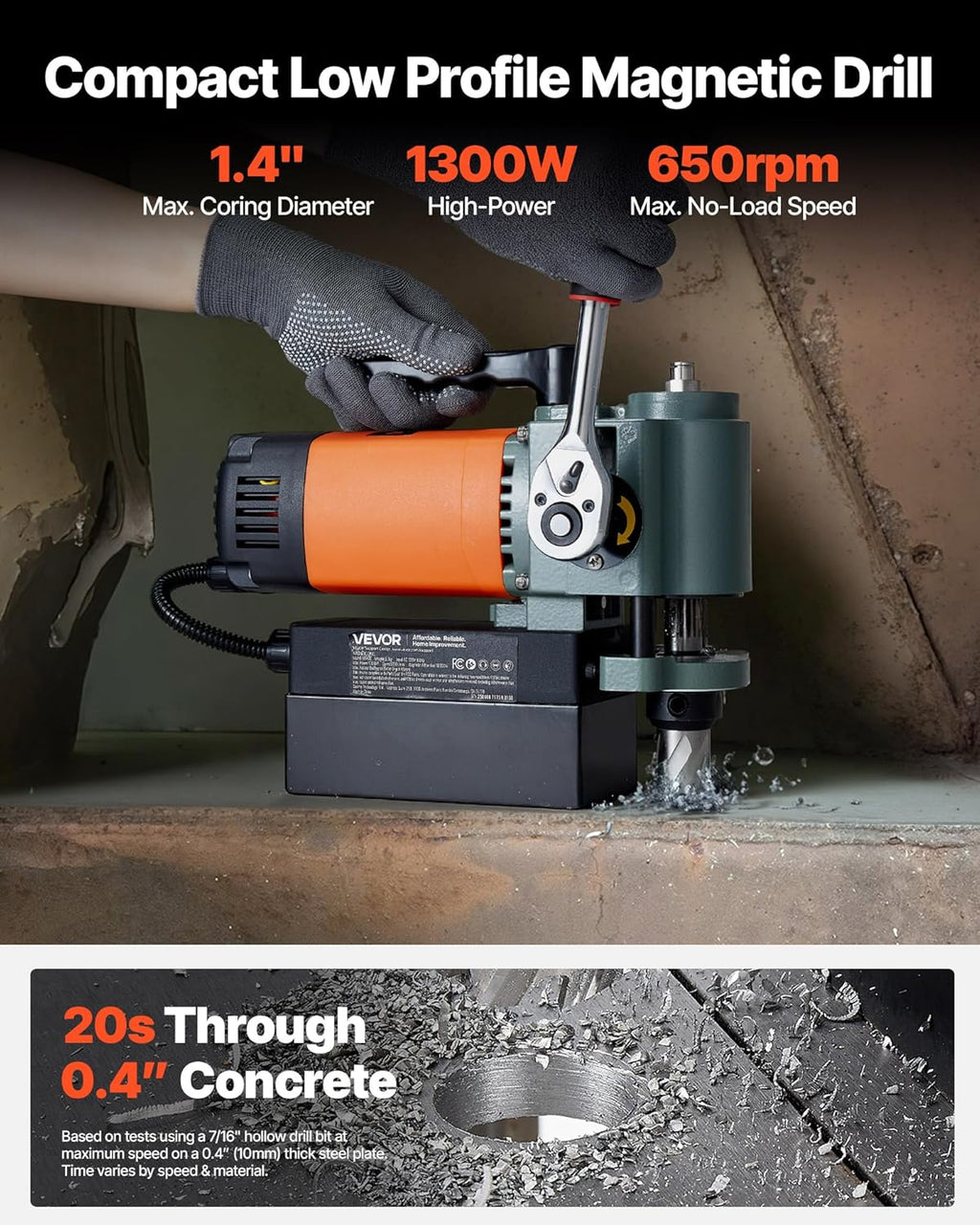 VEVOR Low Profile Magnetic Drill Press, 1300 W, 1.4 in Boring Diameter, 2248 lbf Power Portable Mag Drill Press, 650RPM Speed, with Weldon Shank, for Metal Surface, Industrial and Home Improvement