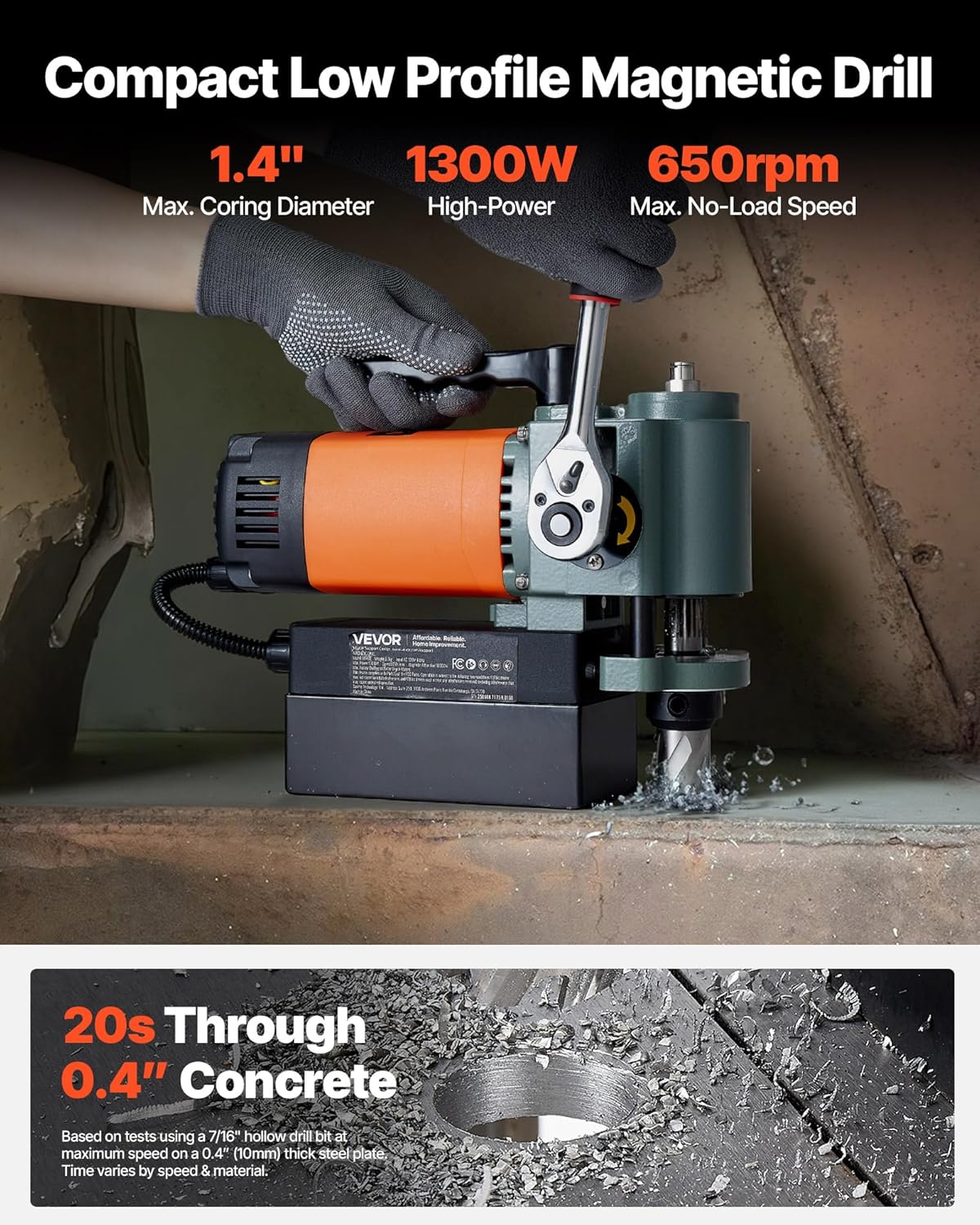 VEVOR Low Profile Magnetic Drill Press, 1300 W, 1.4 in Boring Diameter, 2248 lbf Power Portable Mag Drill Press, 650RPM Speed, with Weldon Shank, for Metal Surface, Industrial and Home Improvement
