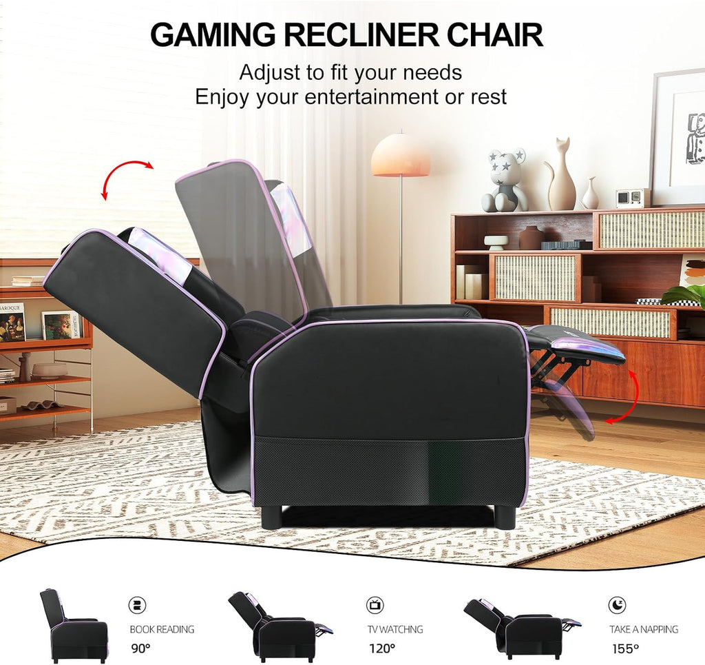 GTPLAYER Gaming Recliner Chair for Living Room Racing Style Single PU Leather Gaming Sofa for Adults Modern Game Recliners Ergonomic Comfortable Home Theater Seating, Purple