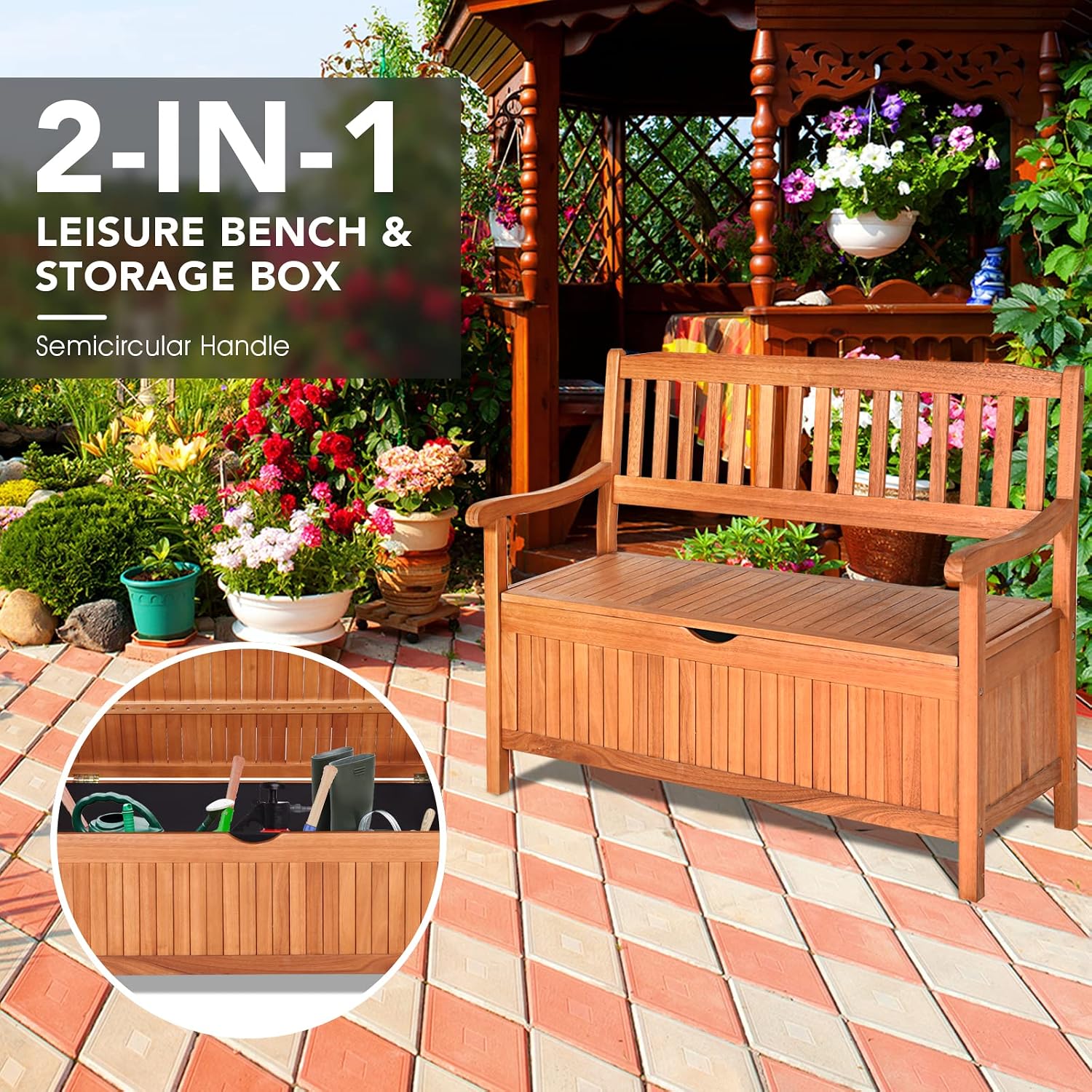 LDAILY 33 Gal Outdoor Storage Bench, Eucalyptus Multi-Functional Deck Box with 800 lbs Heavy Duty Capacity, Removable Liner, Patio Storage Bench for Garden, Poolside, Front Porch, Entryway