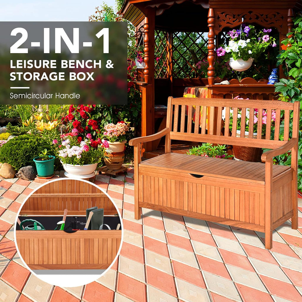 Foldable Outdoor Bench, Garden Bench w/High Back & Armrest, Acacia Wood Bench, 4 FT 2-Person Loveseat Chair for Front Porch, Patio, Backyard & Balcony, Teak Finish (w/Storage, Natural)