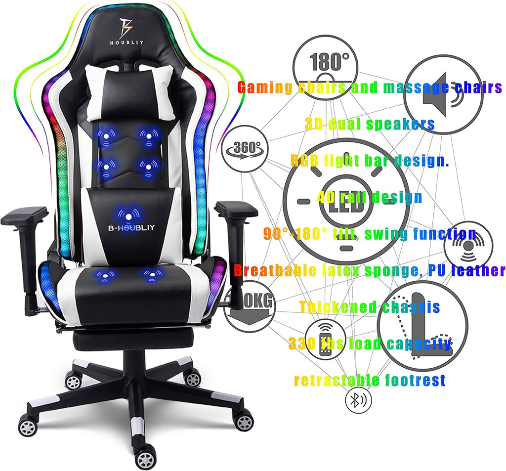 Massage Gaming Chair with Speakers and LED Lights, Ergonomic Computer Gaming Chair with Footrest and Lumbar Support, Office Video Game Chairs with Adjustable Height and Backrest.,White