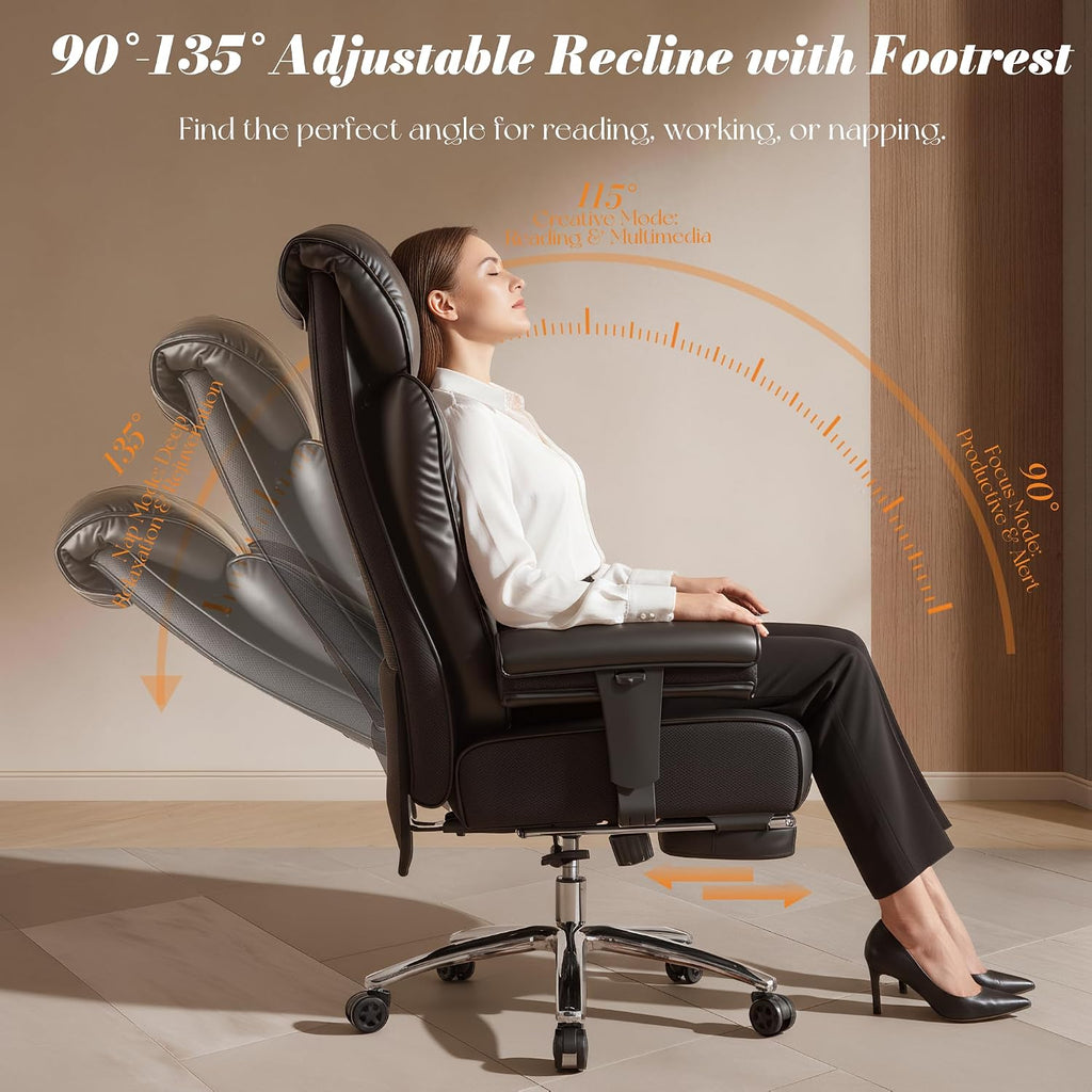 Efomao Big and Tall Office Chair 400 lbs Capacity, Oversized Executive Desk Chair with Footrest, Extra Wide 23' Seat, High Back Ergonomic PU Leather Home Office Chair， Black