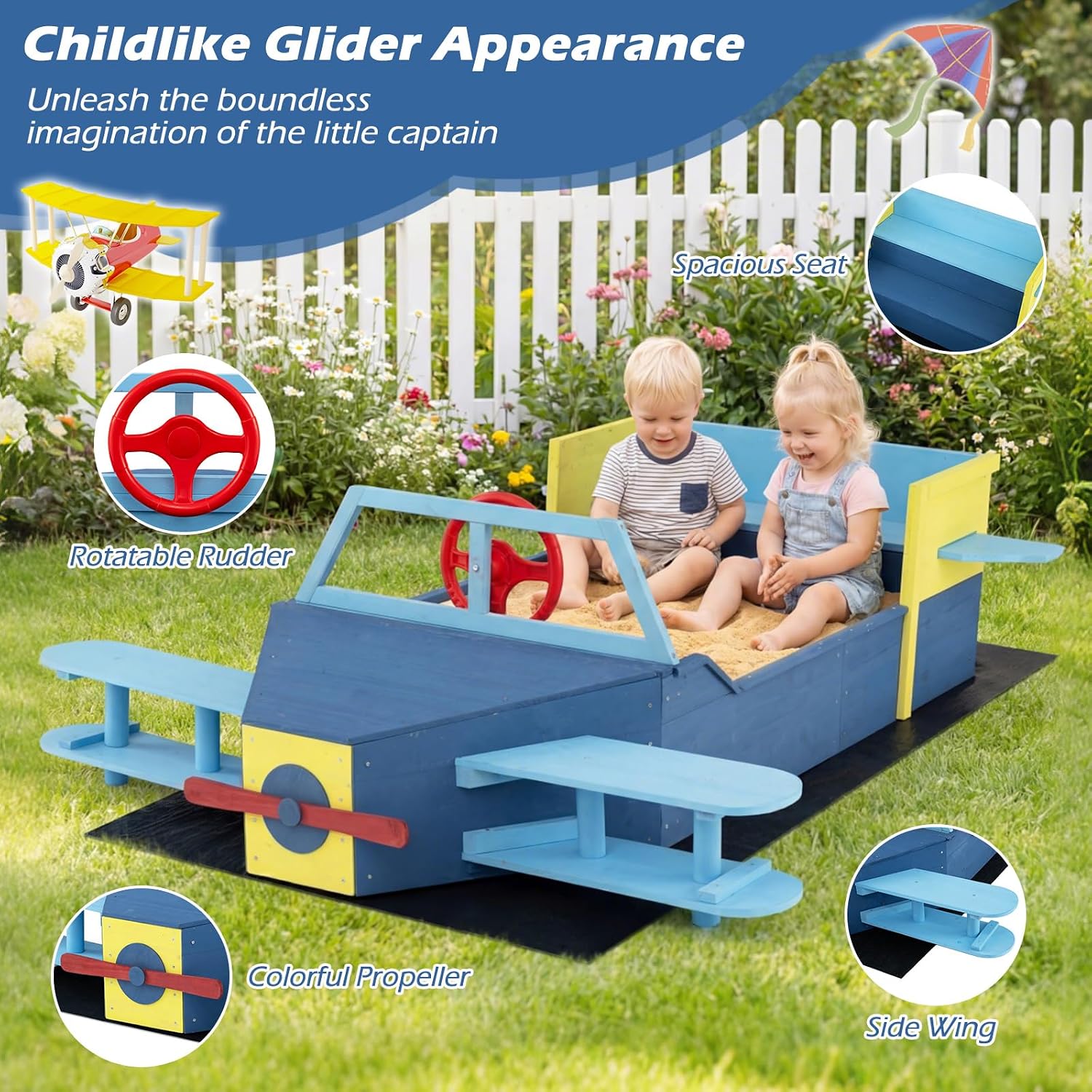 Costzon Sandbox, Fir Wood Glider-Shaped Sand Pit with Bottom Liner, Bench Seat, Propeller, Rotatable Rudder & Side Wings for Kids Boys Girls, Outdoor Playset for Backyard, Beach and Patio