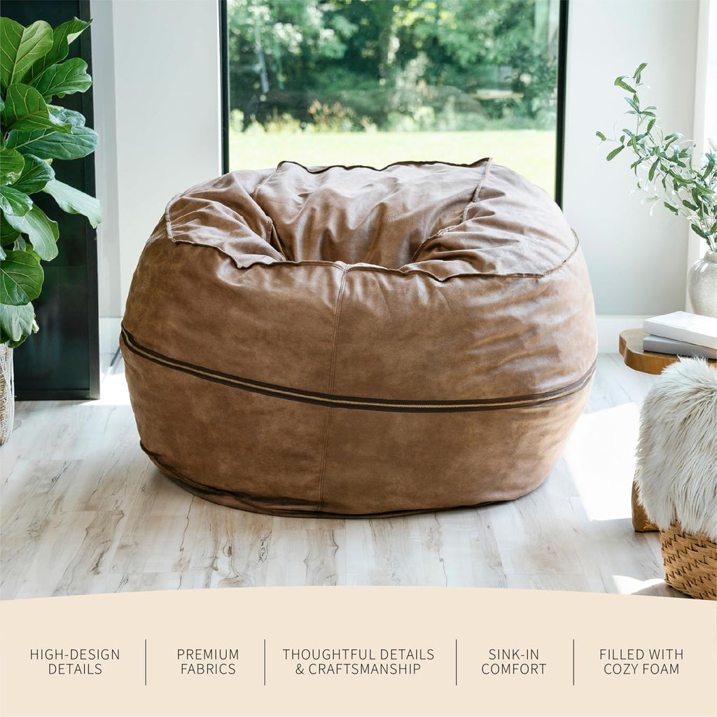 Big Joe Fuf 5Ft Oversized Foam Bean Bag Chair with Removable Cover for Kids, Teens, Adults, Coffee Soft Vegan Leather, 5 Foot Large Reading and Gaming Seat