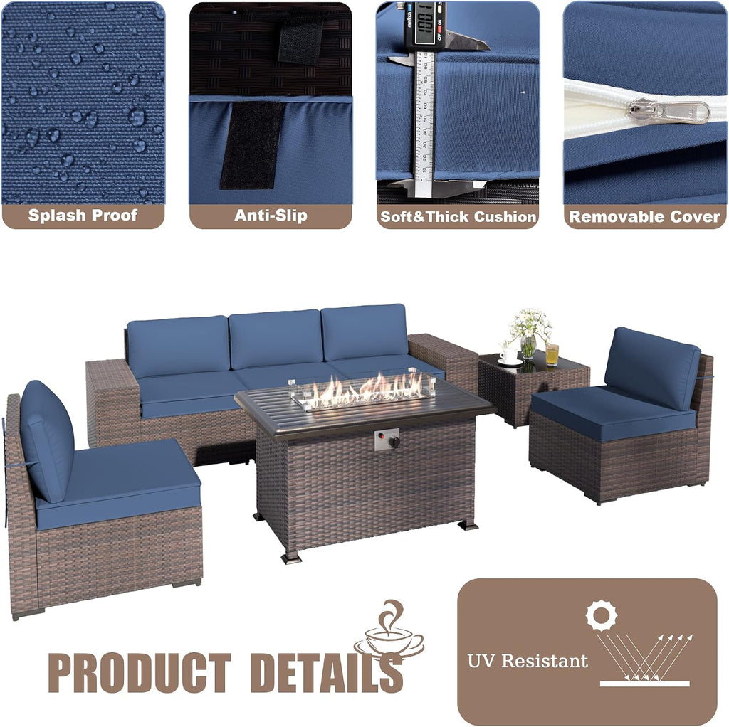 Kurapika 7 Pieces Patio Furniture Set, Rattan Wicker Outdoor Conversation Sets w/43in Propane Fire Pit Table and 4 Inch Cushion(Navy Blue)