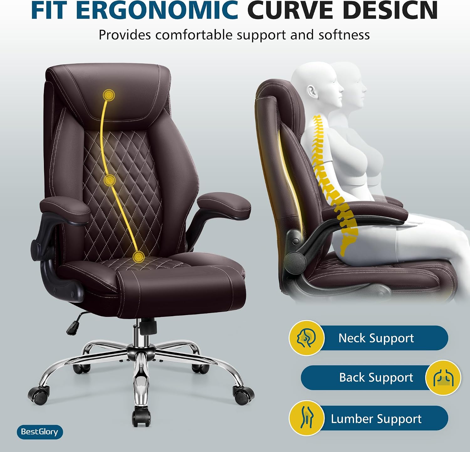 Office Chair, Executive Leather Office Chairs with Rocking Function, Big and Tall Ergonomic Computer Chair with Lumbar Support Flip-Up Armrests, Comfortable Gaming Chairs for Home Ofiice