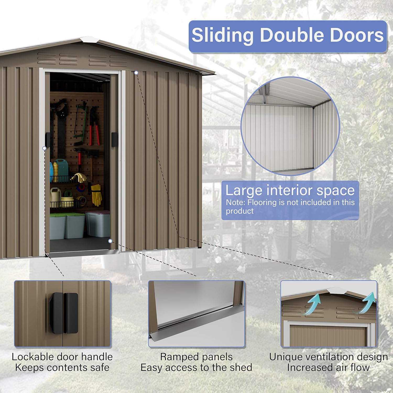 Kurapika 8 x 6FT Outdoor Storage Shed Waterproof, Large Garden Tool House with Air Vents and Lockable Sliding Door, Metal Shed for Garden, Patio, Backyard, Lawn