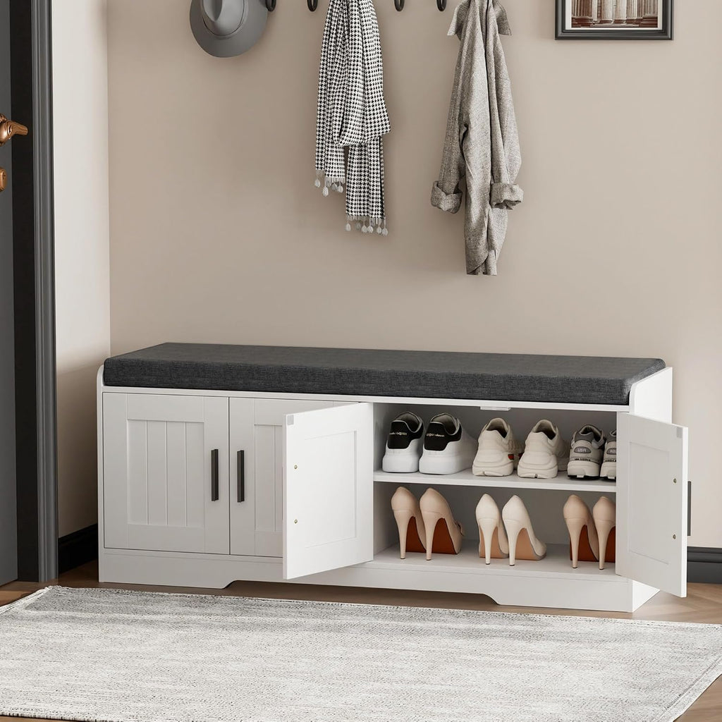 Homleke 2-Tier Storage Bench, Shoe Bench with Thickened Padded Seat Cushion, Entryway Bench with 4 Doors, Adjustable Shelf, 13.8' D x 45.3' W x 18.5' H, for Entryway, Living Room, Bedroom, White