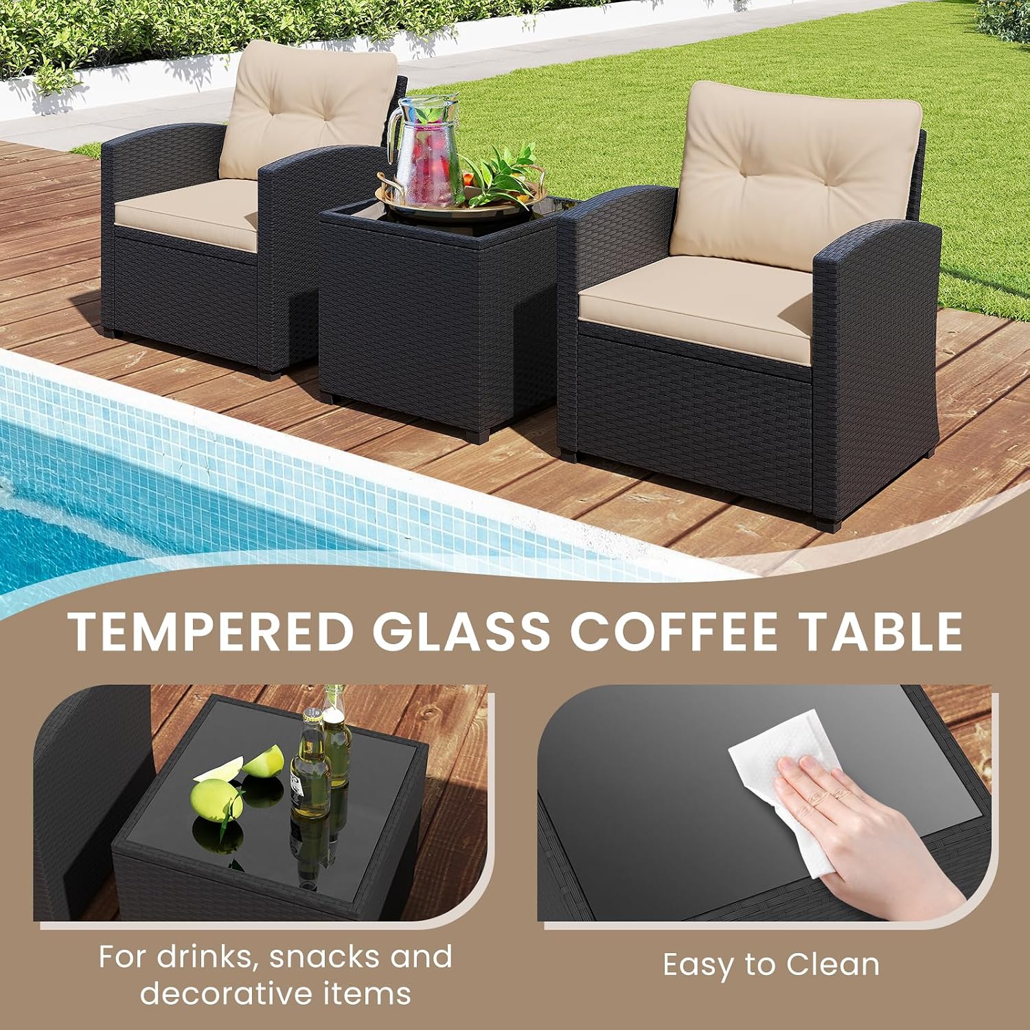 ORALNER 3 Pieces Patio Furniture Set, Wicker Conversation Set Outdoor Chairs with Cushions, Glass Coffee Table, Rattan Bistro Set for Front Porch Balcony Garden Deck Poolside (Khaki)