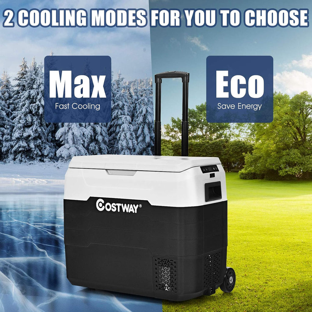 COSTWAY Car Refrigerator with Wheels, 53-Quart Dual-zone Electric Cooler with Telescopic Handle, 12V/24V DC, 100-240V AC, -4°F To 50°F, Portable Fridge Freezer for RV Camping Travel, White+Black