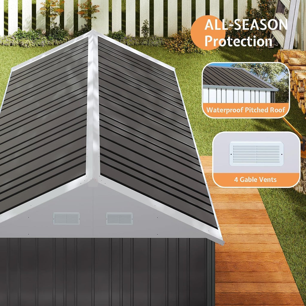 Jocisland 8.5x7.1x7.5 FT Outdoor Storage Shed, Lockable Double Hinged Doors and 4 Vents, Metal Shed for Backyard Storage, Dark Black/White
