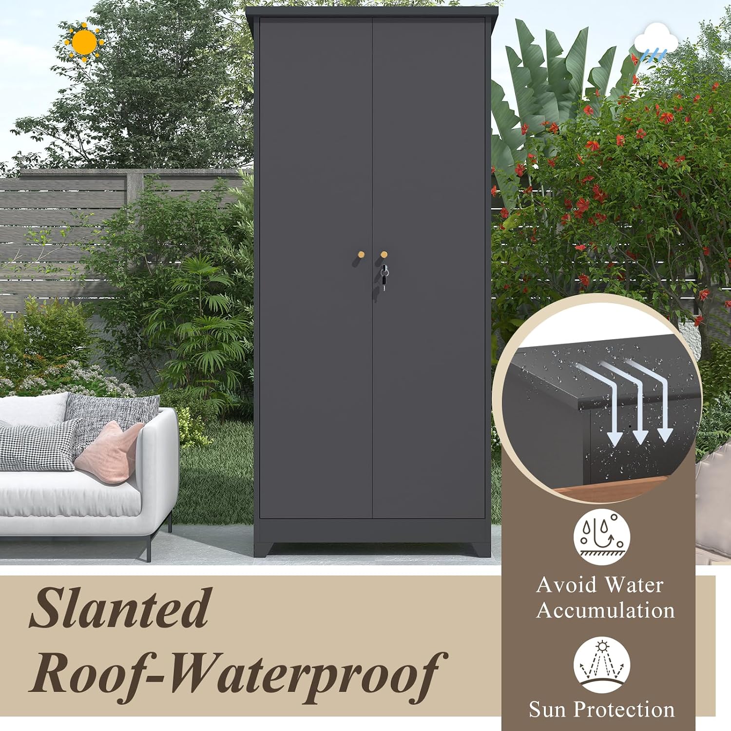 GREATMEET 72.8' Outdoor Broom Storage Cabinet, Metal Storage Cabinets for Cleaning Supplies with Slanted Roof, Utility Closet, Waterproof Outdoor Shed for Broom Mop, Grey