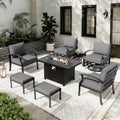 ALAULM Aluminum Patio Furniture Set with Propane Fire Pit Table 6-seat Metal Outdoor Furniture w/Swivel Chairs Patio Sectional Sofas w/5.1' Cushions for Patio, Backyard, Poolside-Grey