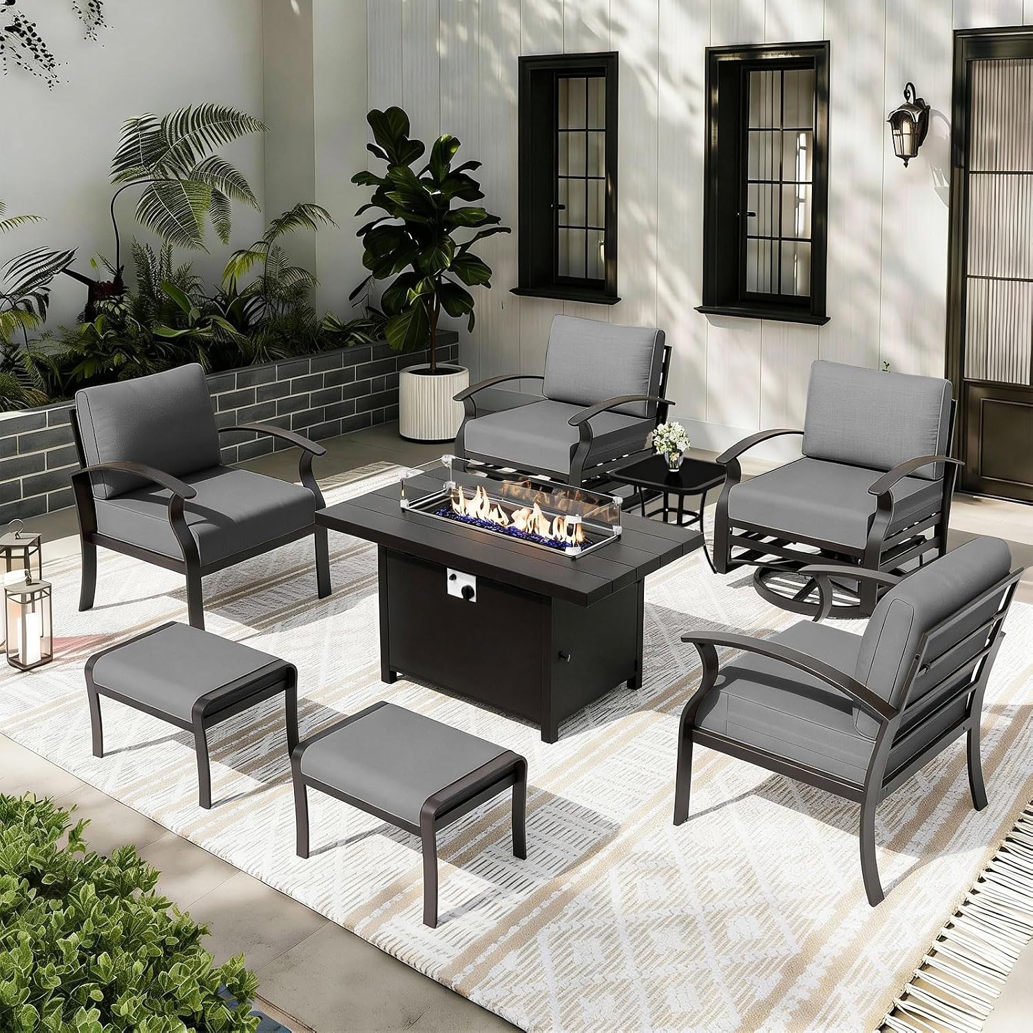 ALAULM Aluminum Patio Furniture Set with Propane Fire Pit Table 6-seat Metal Outdoor Furniture w/Swivel Chairs Patio Sectional Sofas w/5.1' Cushions for Patio, Backyard, Poolside-Grey