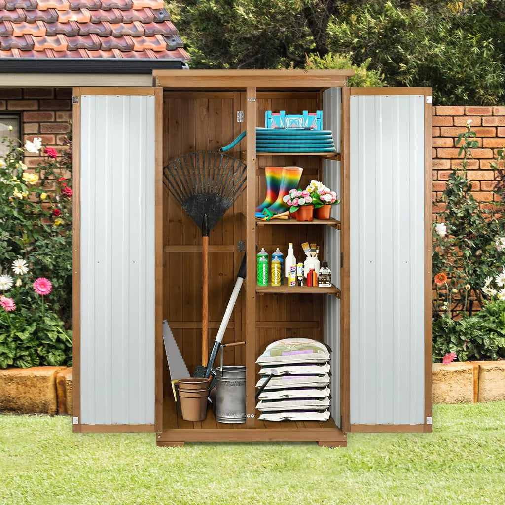 Outdoor Storage Cabinet Wood & Metal with Waterproof Roof, Garden Tool Shed with 3 Removable Shelves, 4 adjustable reinforced feet with metal brackets, 6 T-Hinge, magnetic door,15.6'D x 32.3'W x 66'H