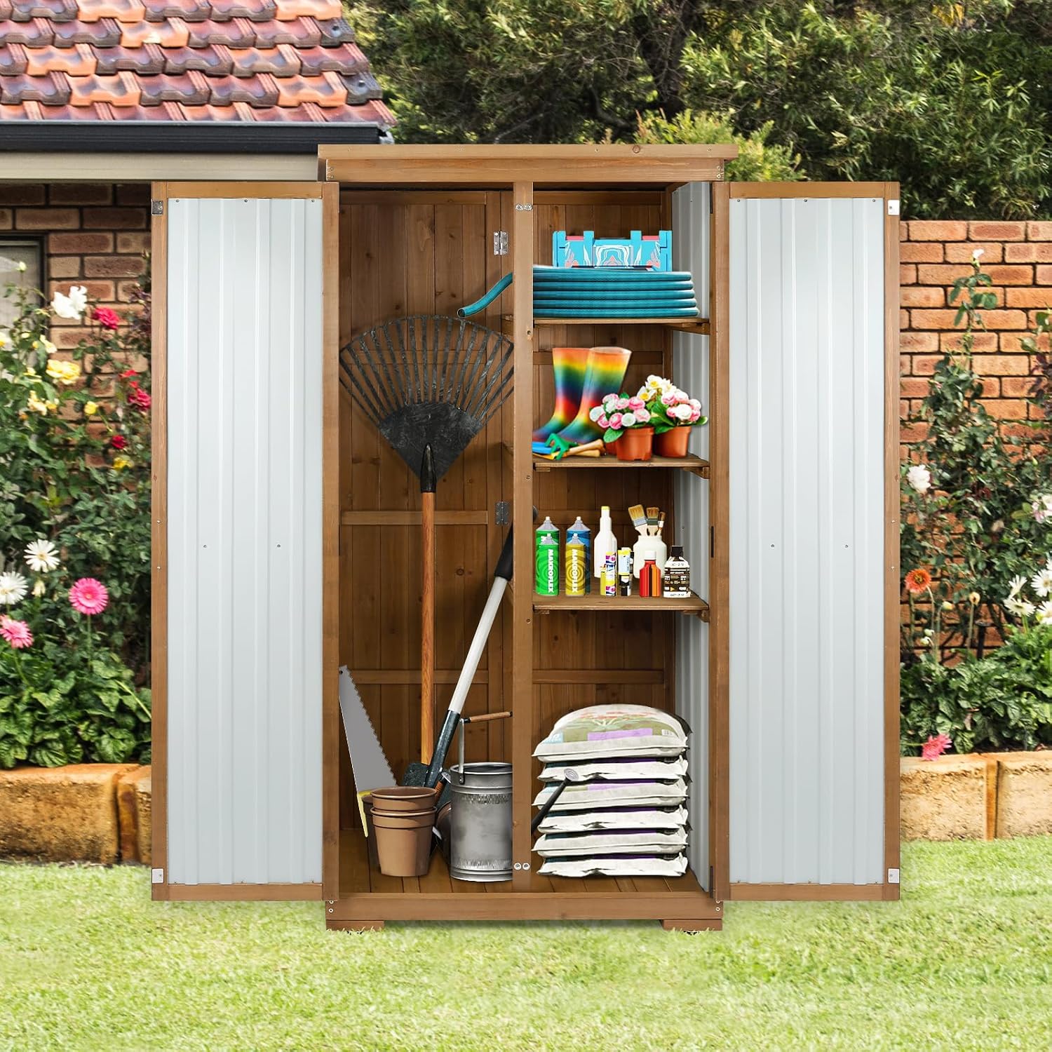 Outdoor Storage Cabinet Wood & Metal with Waterproof Roof, Garden Tool Shed with 3 Removable Shelves, 4 adjustable reinforced feet with metal brackets, 6 T-Hinge, magnetic door,15.6'D x 32.3'W x 66'H