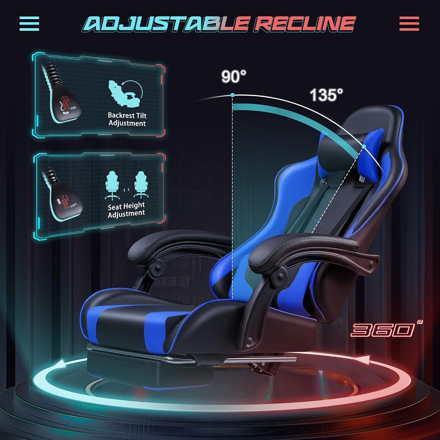 JUMMICO Gaming Chair Ergonomic Computer Chair with Footrest and Massage Lumbar Support, Height Adjustable Video Gaming Chair with 360° Swivel Seat and Headrest (Blue)