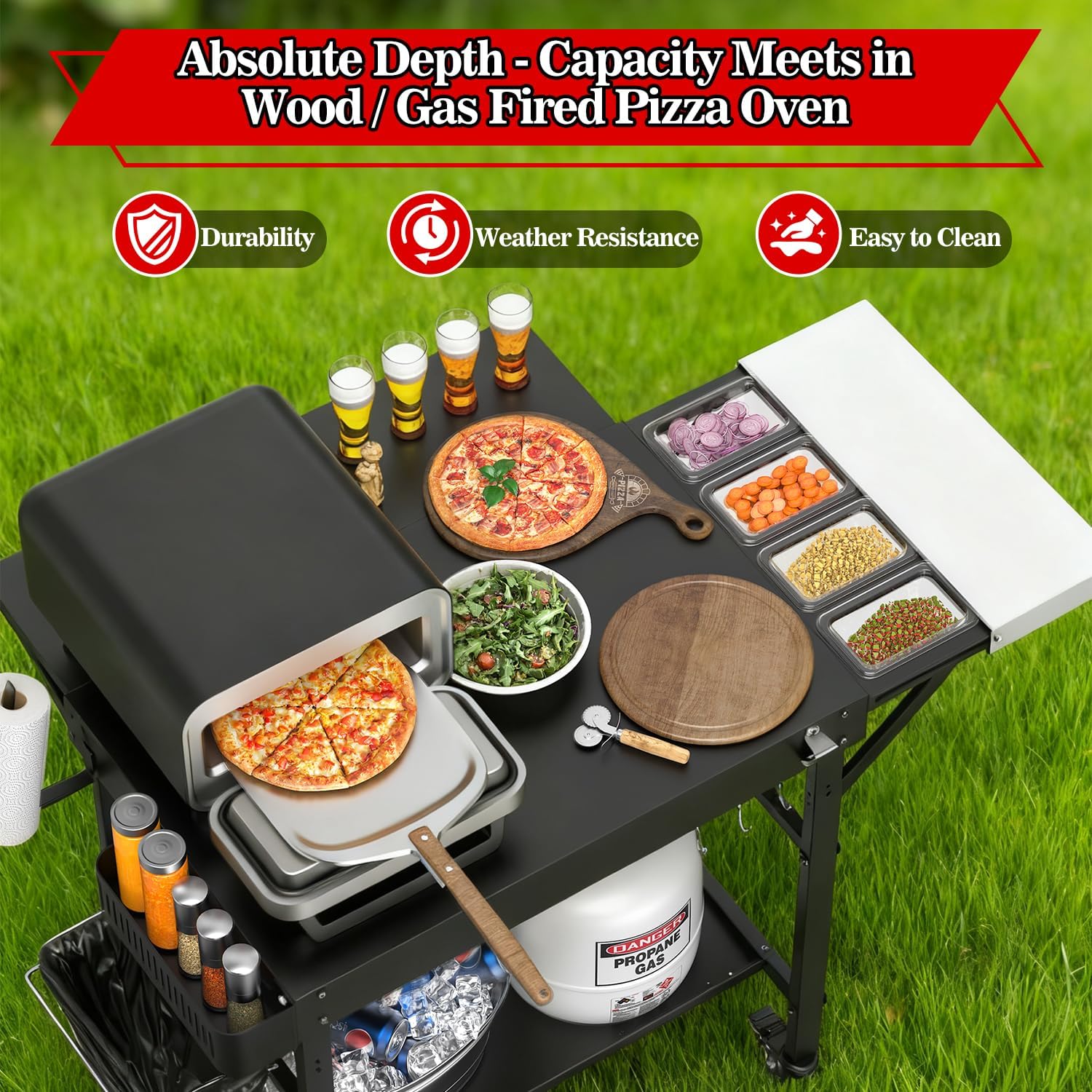 Grill Table for Oon Pizza Oven Accessories, Ninja Pizza Oven Table with Extendable Desk - Fit Gozney, Solo Stove, Durable Outdoor Grill Cart Stand with Food Prep Topping Station for Backyard