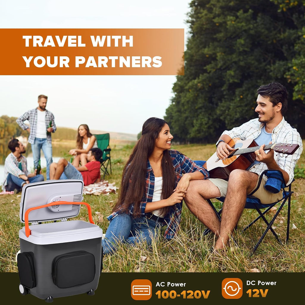 Kikihouse Electric Car Cooler & Warmer with Wheels & Handle, 32 Quart (30 L) 12 Volt DC & 110V AC Portable Thermoelectric Fridge Plug in Cooler for Car/Camping/Travel/Truck/Picnic