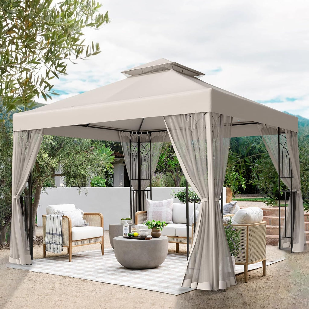 EAGLE PEAK 10x10 Patio Gazebo with Mesh Netting, Double Roof Outdoor Pavilion with Corner Shelves for Lawn, Deck, Garden and Backyard, Beige