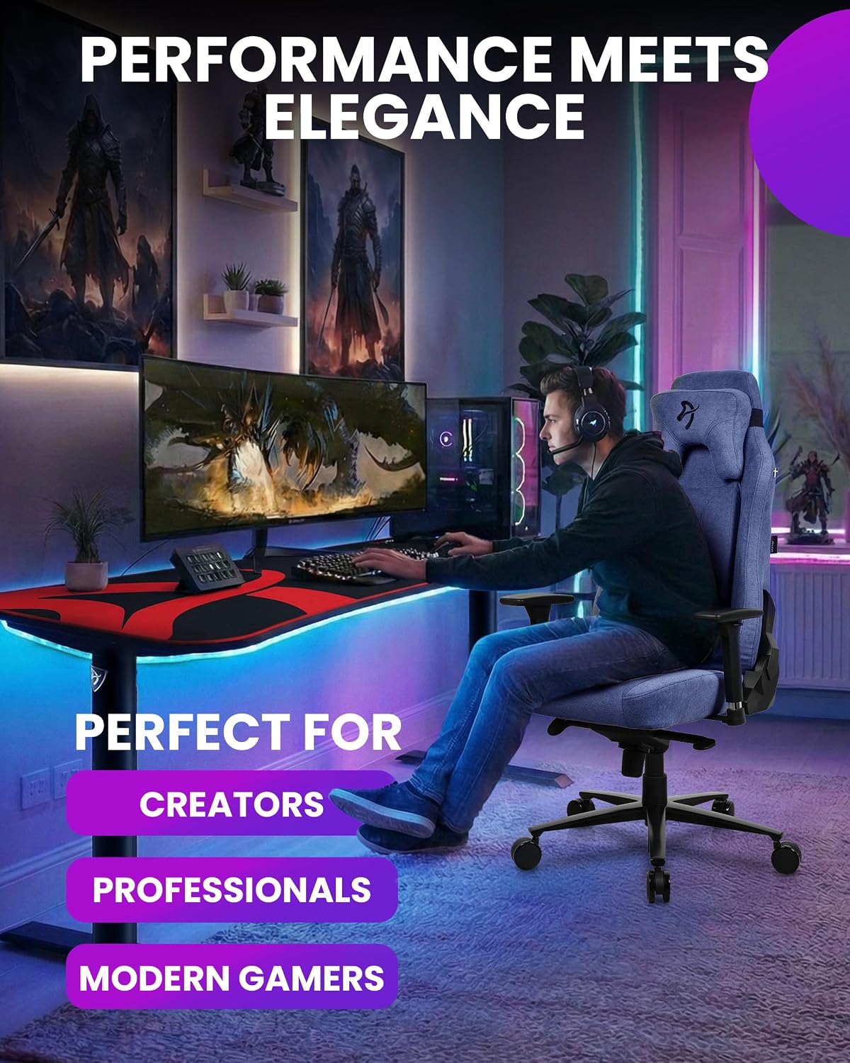 Arozzi Vernazza Soft Fabric Durable Upholstery Ergonomic Office and Gaming Chair with High-Level Features Like 3D Armrests and a Pro Mechanism Along with Soft Neck & Lumbar Support Pillows-Blue