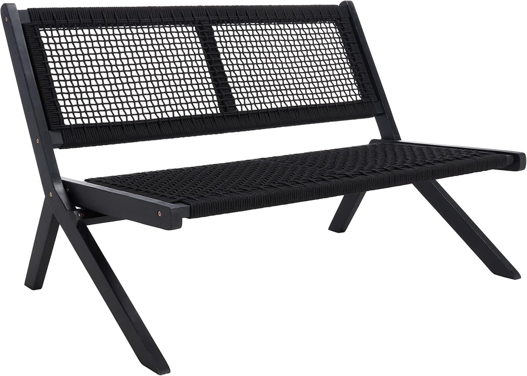 SAFAVIEH Outdoor - Kobina Folding Bench - Black & Black - Solid Wood and Rope - Modern Sculpted Folding Design - Ideal for Patio, Deck, Porch, Backyard, 13.8' Seat Height (PAT7304C)