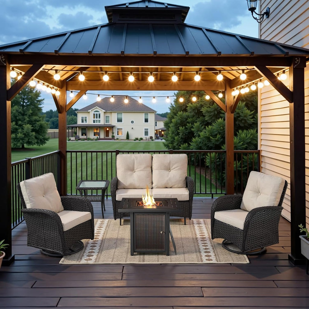 Belord 5 Pieces Patio Furniture Set with 30' Propane Fire Pit Table, Deep Seating Swivel Rocker Glider Outdoor Chairs Set of 4 with Side Table Set of 2 Patio Conversation Set Black Wicker