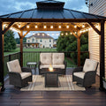 Belord 5 Pieces Patio Furniture Set with 30' Propane Fire Pit Table, Deep Seating Swivel Rocker Glider Outdoor Chairs Set of 4 with Side Table Set of 2 Patio Conversation Set Black Wicker