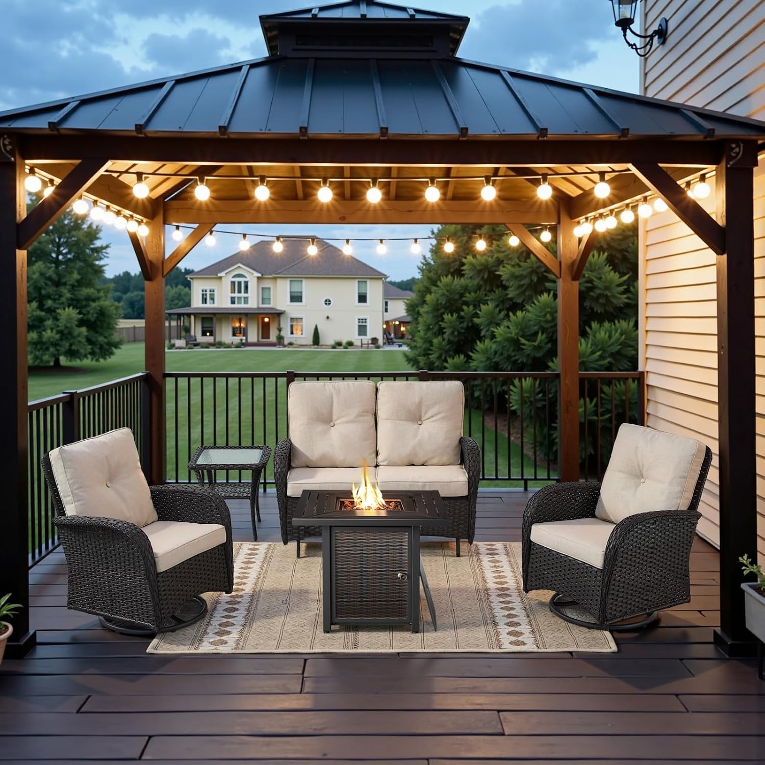 Belord 5 Pieces Patio Furniture Set with 30' Propane Fire Pit Table, Deep Seating Swivel Rocker Glider Outdoor Chairs Set of 4 with Side Table Set of 2 Patio Conversation Set Black Wicker