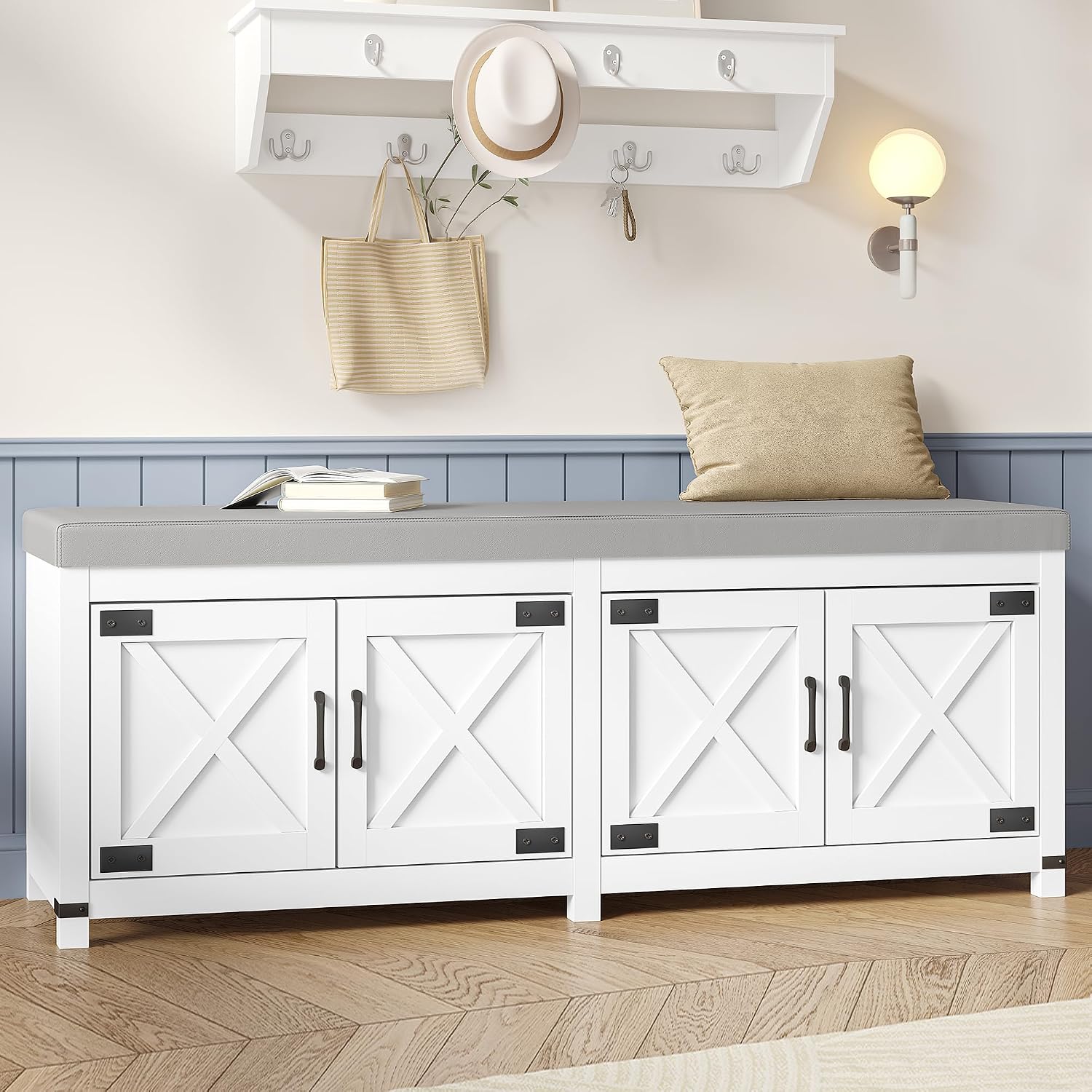 Hzuaneri Shoe Storage Bench, 2 Tier Shoe Bench with Padded Seat Cushion & 4 Barn Doors, Entryway Bench with Adjustable Shelf, Farmhouse Shoe Cabinet for Living Room, Bedroom, White SB31203GY