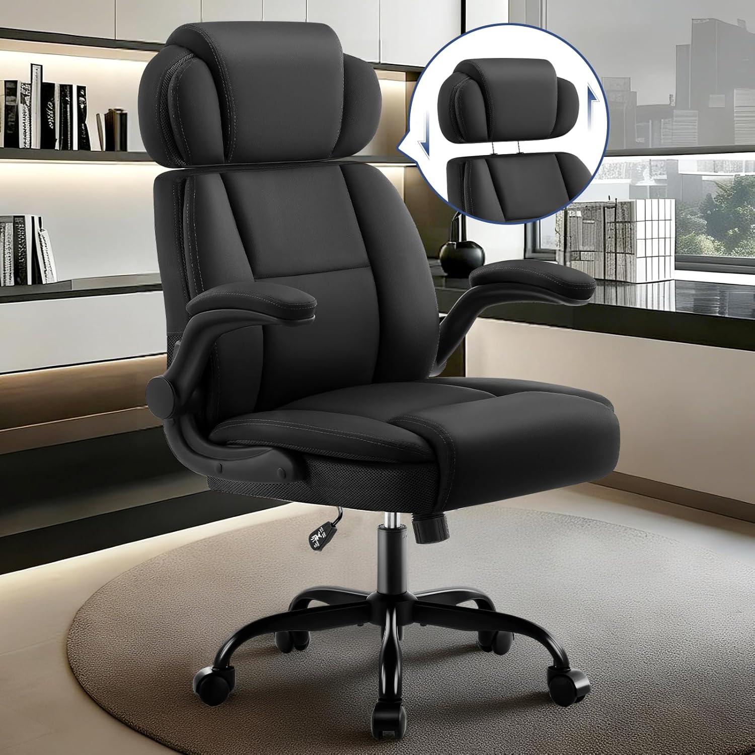 AreShark Ergonomic Office Chair with Lumbar Support, 400lbs Heavy Duty Big and Tall Executive Desk Chair, PU Leather High Back Computer Chair with Flip-Up Arms & Adjustable Headrest, Black