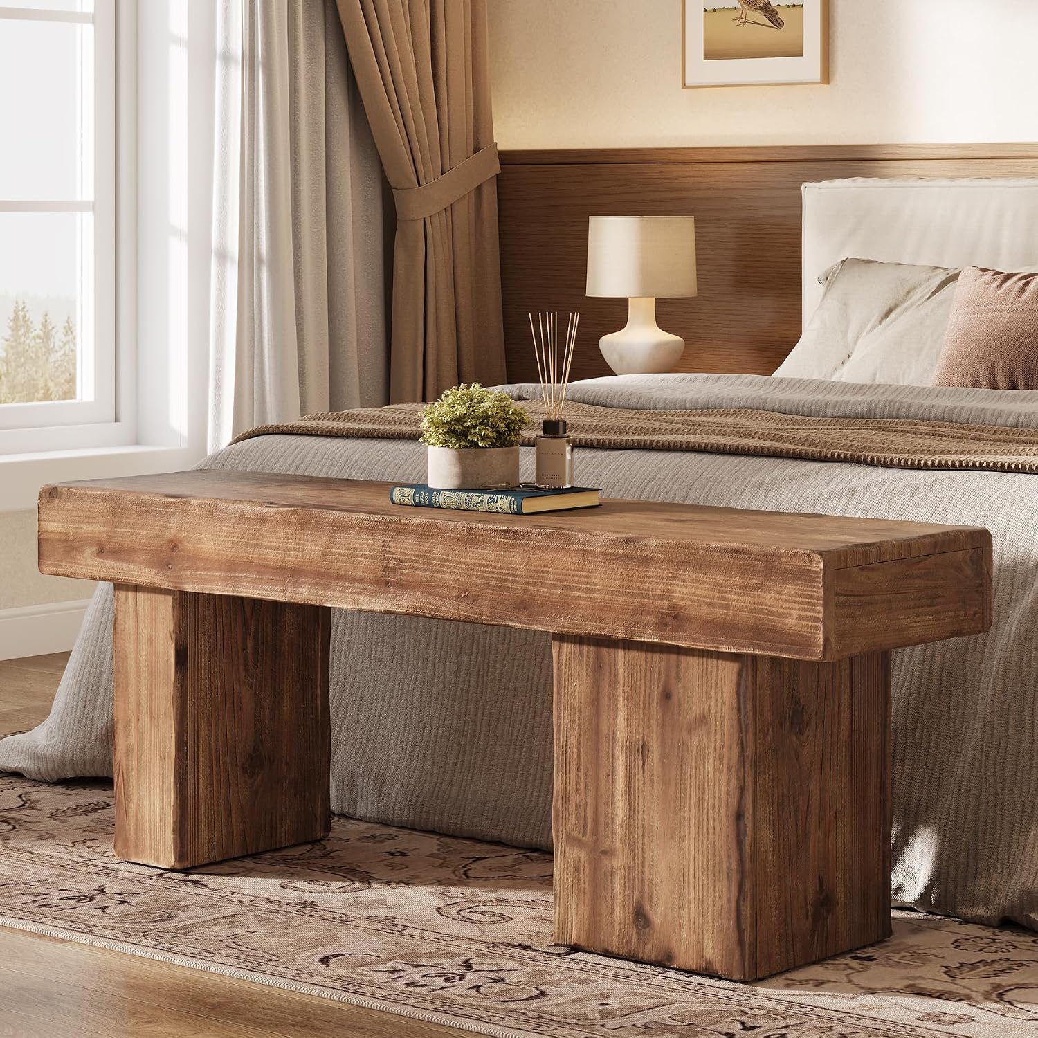 Solid Wood Bench, 47' Farmhouse Entryway Bench with Thickened Seat & Artistic Legs, Heavy Duty Indoor Bench for Bedroom, Hallway, Living Room, Indoor, Porch, Natural