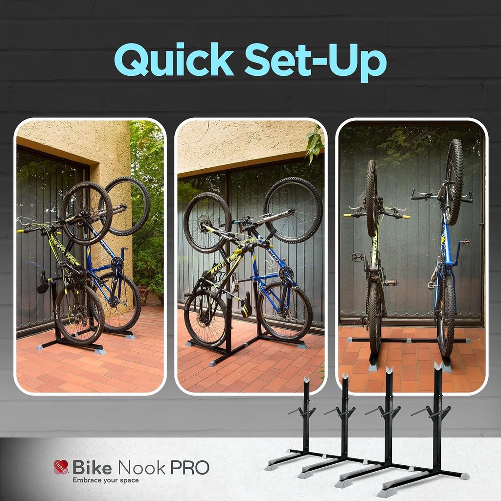 Bike Nook Pro Stand & Vertical Storage Rack - 4 Pack with connectors - The Original Vertical Bicycle Floor Stand for Garage Storage and Indoor and Outdoor use, No Drilling Required