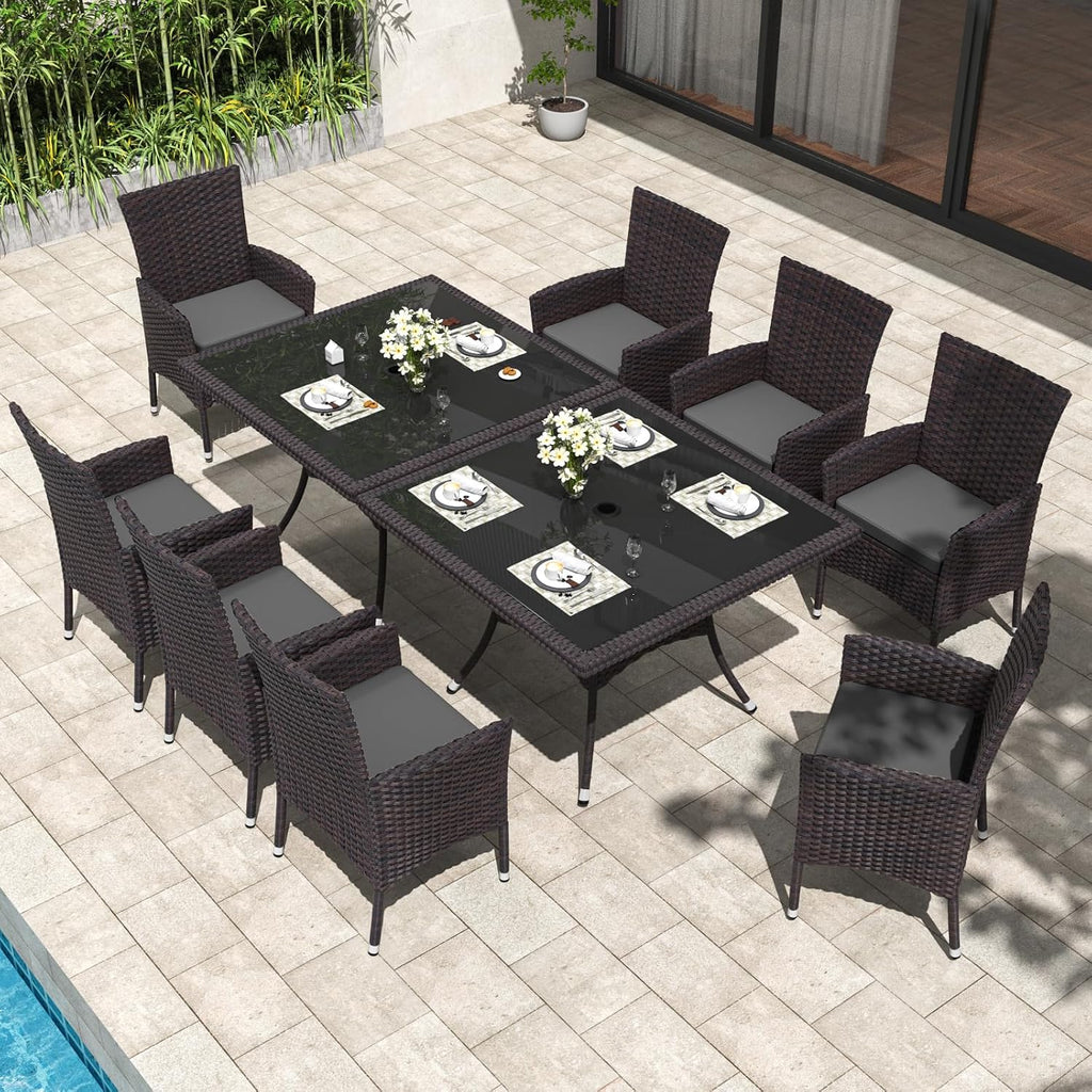 ALAULM 10 Piece Patio Dining Set All-Weather Wicker Outdoor Patio Furniture Set w/Tempered Glass Tabletop, Removable Cushions and Umbrella Hole for Patio, Backyard, Garden, Poolside (Grey)