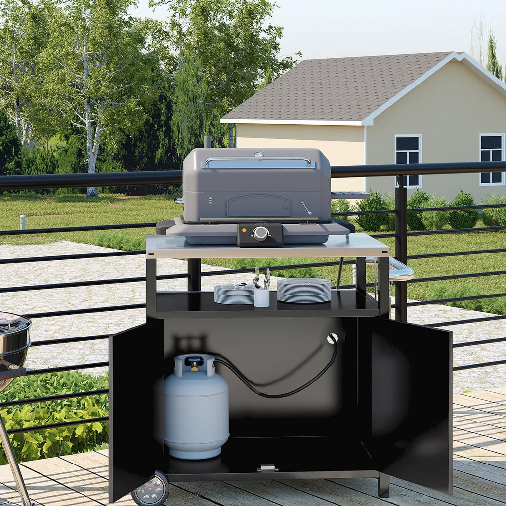 Outdoor Grill Cart with Storage Cabinet Stainless Steel Prep Stand with Storage Cabinet and Wheels Movable Whole Portable Table Outdoor Rolling Prep Station Kitchen Island Pizza Oven Table for Garden