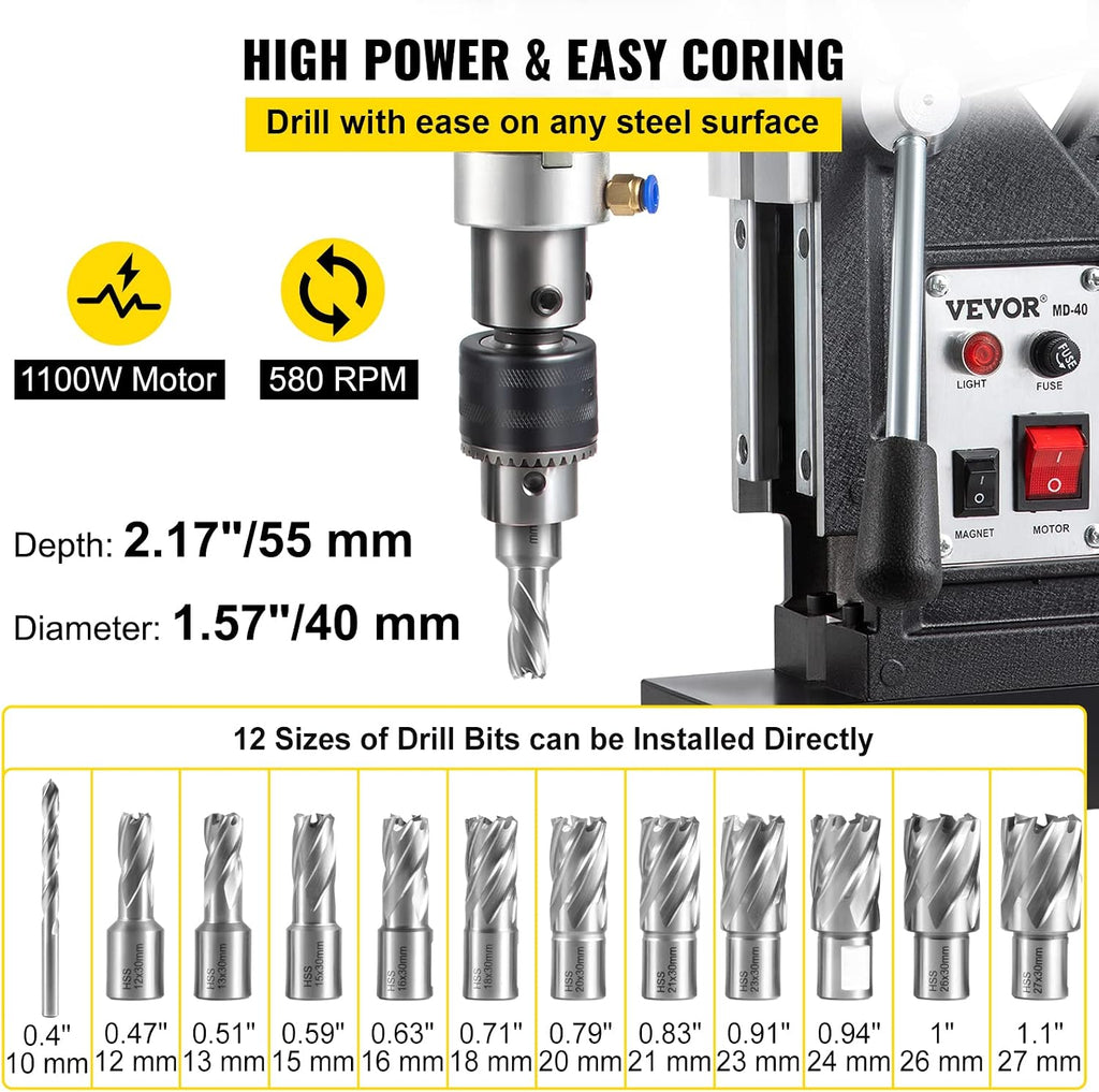 VEVOR Magnetic Drill, 1100W 1.57' Boring Diameter, 2697lbf/12000N Portable Electric Mag Drill Press with 12 Drilling Bits, 580 RPM Max Speed Drilling Machine for any Surface and Home Improvement