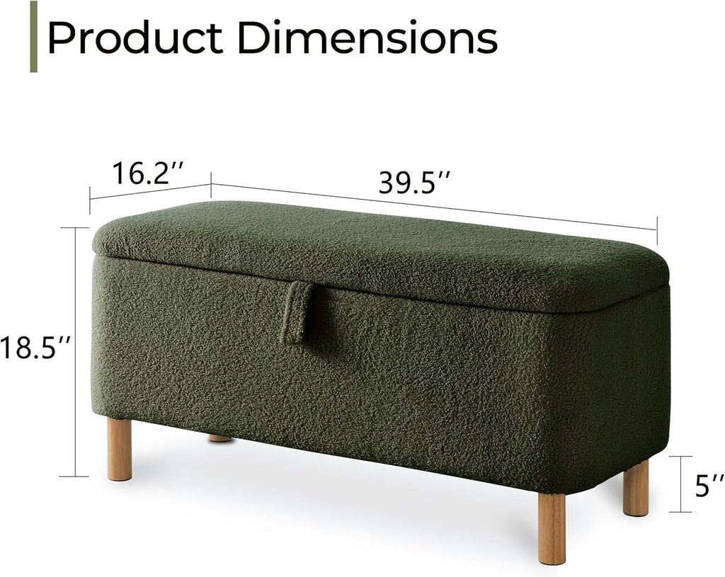 Boucle Storage Ottoman Bench for Bedroom end of Bed, Sherpa Upholstered Shoe Seat Storage Bench for Entryway Bed Foot, Rectangle Cushion Padded Blanket Chest Cute for Living Room, Blackish Green