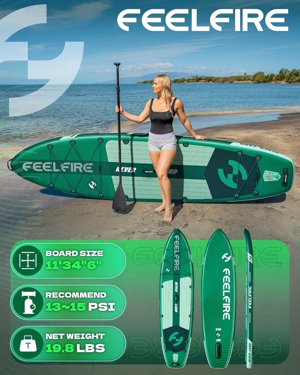 Feelfire11'x34' Extra Wide Inflatable Paddleboard, Stand-up Paddle Board for Adults, 420lb Capacity for Yoga/Fishing/Family, EVA Deck, US Fin, High-Pressure Pump, Storage Backpack, Safety Leash