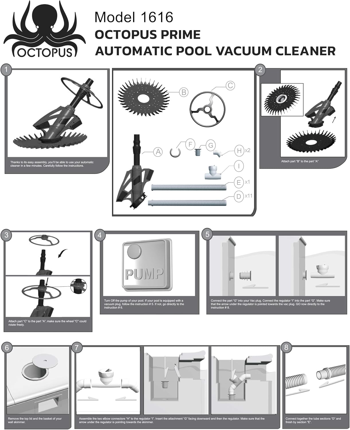 U.S. Pool Supply Octopus Prime Suction Pool Cleaner, Inground Automatic Pool Vacuum Cleaner with Hose - Swimming Sweeper Vac Cleaning Suction-Side Cleaners - Auto Creepy Sweeps Removes Debris, Leaves